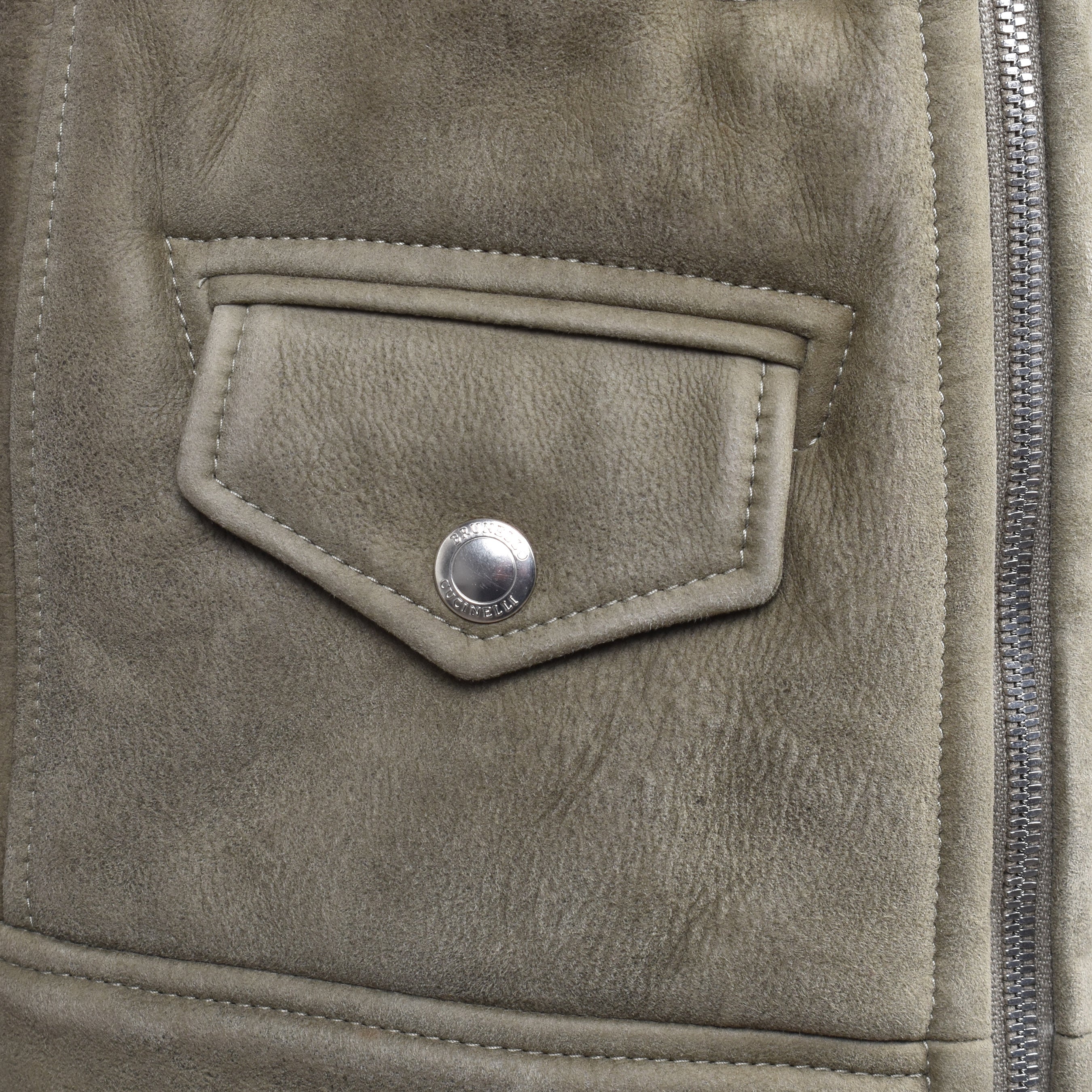 BRUNELLO CUCINELLI MEN'S OLIVE SHEARLING BIKER VEST