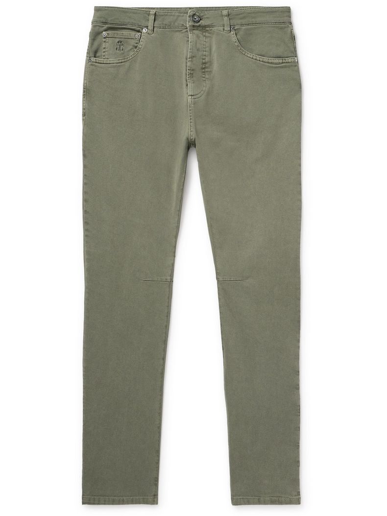 BRUNELLO CUCINELLI MEN'S OLIVE STRAIGHT LEG TROUSERS