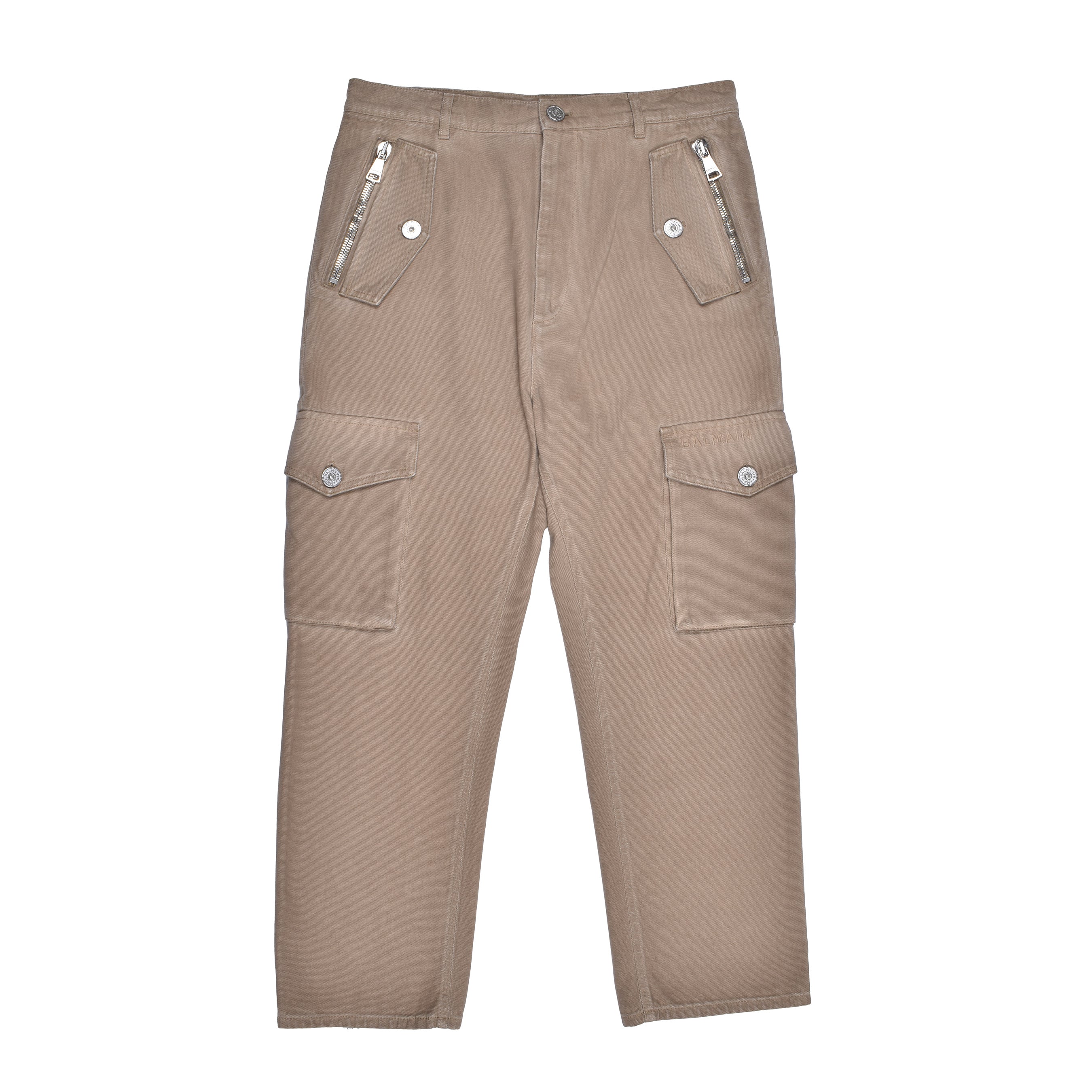 BALMAIN MEN'S BEIGE LOOSE COTTON CARGO TROUSERS