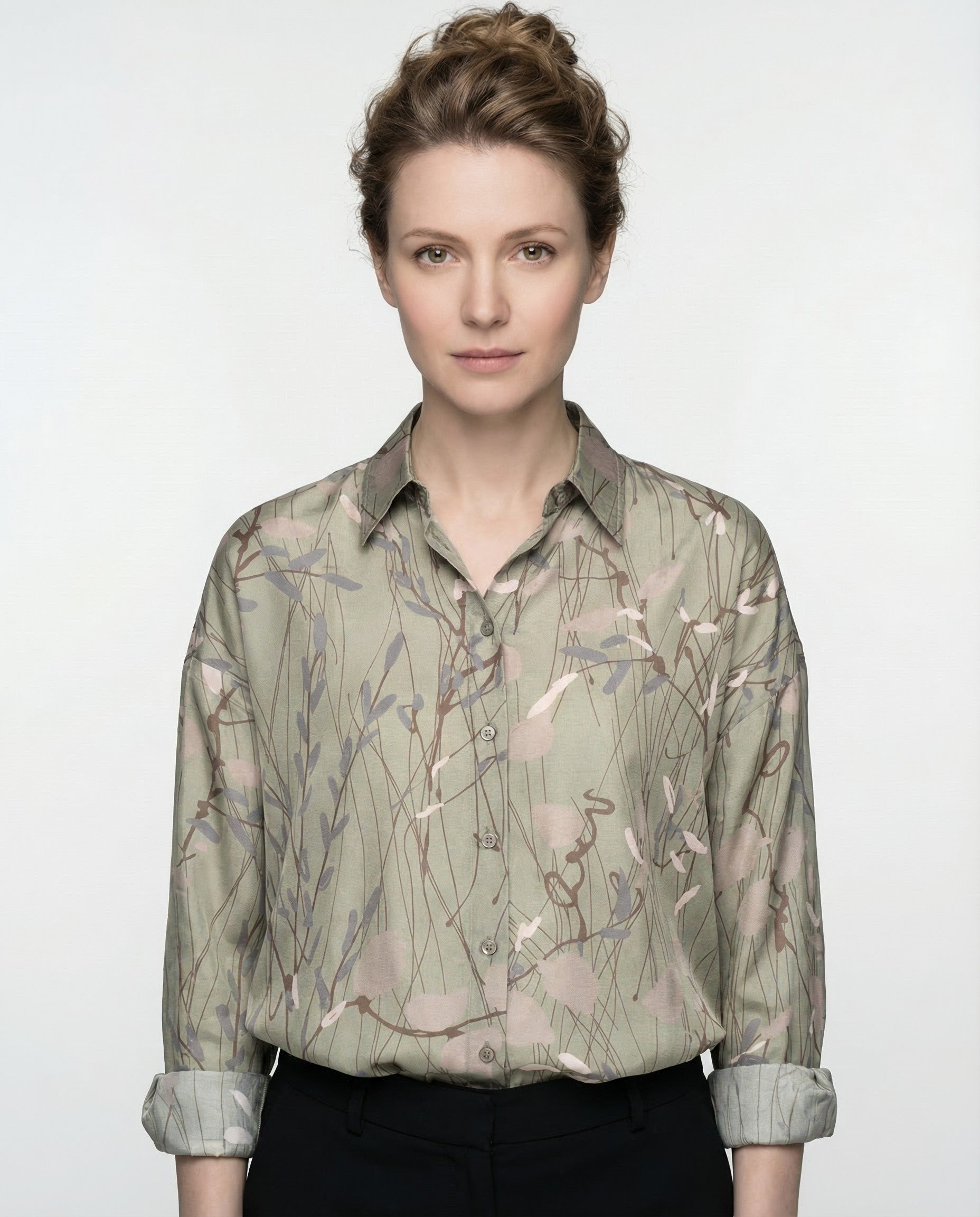 BRUNELLO CUCINELLI WOMEN'S GREEN SILK FLORAL SHIRT