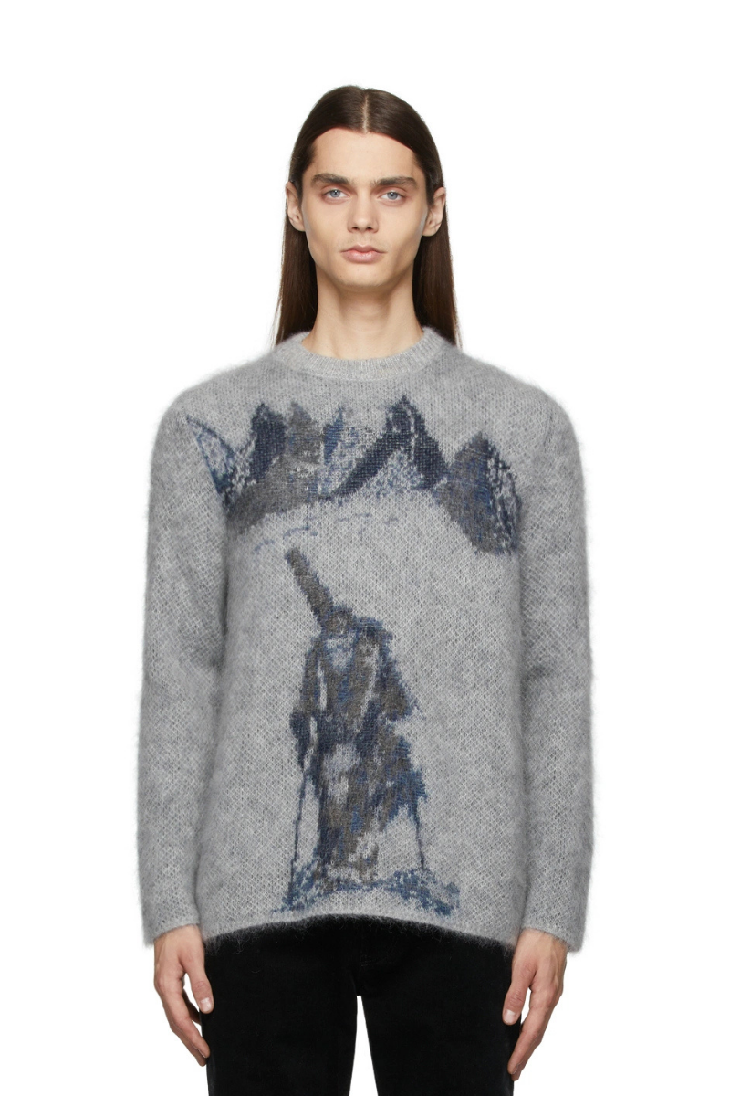 Giorgio Armani Grey Brushed Mohair Sweater 212262M201007 worn by a model showcasing its unique design and soft texture.