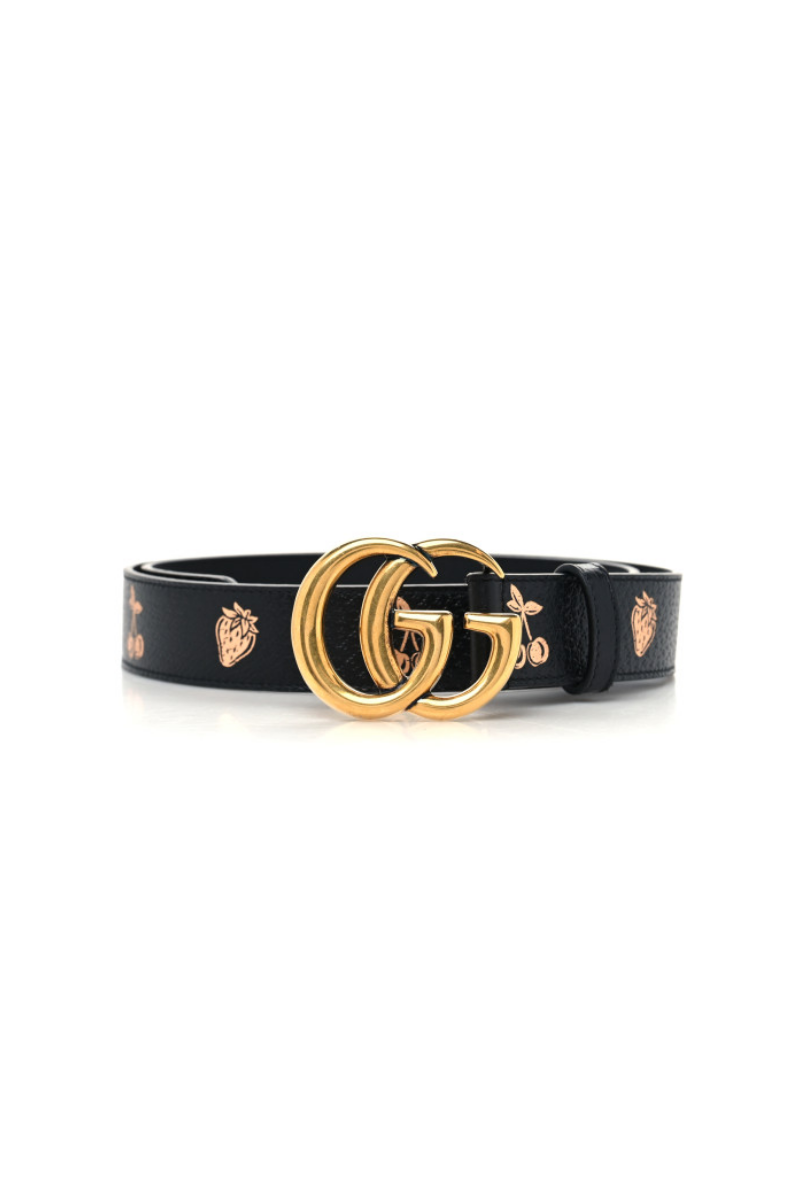 Gucci Textured Dollar Calfskin Berry Print Double G 30mm Belt - Black Light Copper
