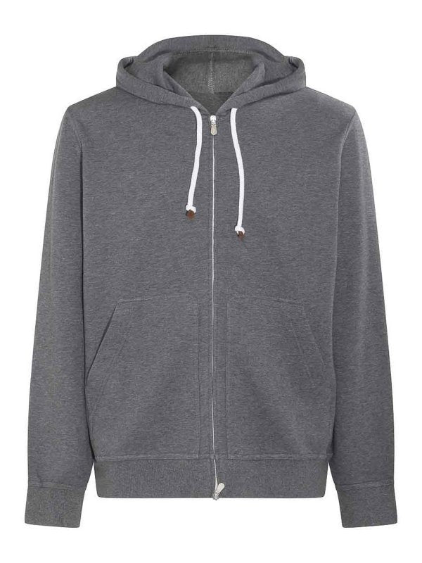 BRUNELLO CUCINELLI MEN'S GREY COTTON ZIP HOODIE