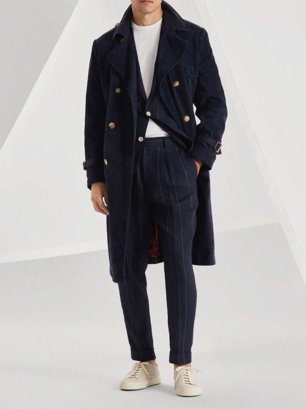 BRUNELLO CUCINELLI MEN'S NAVY LEATHER DOUBLE-BREASTED TRENCH COAT