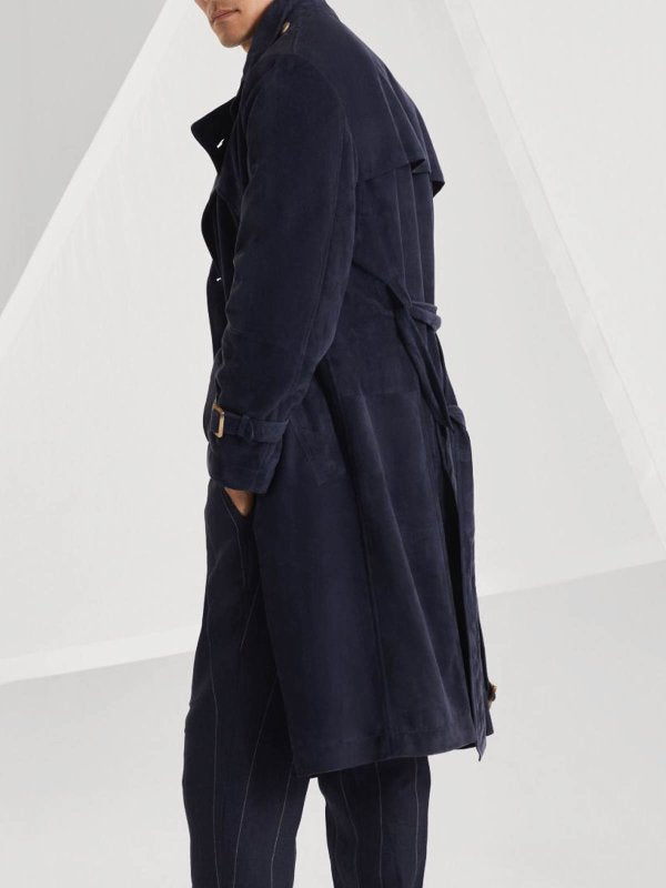 BRUNELLO CUCINELLI MEN'S NAVY LEATHER DOUBLE-BREASTED TRENCH COAT