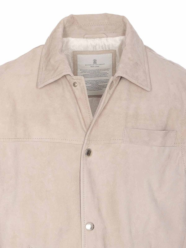 BRUNELLO CUCINELLI MEN'S BEIGE LEATHER SLEEVELESS JACKET