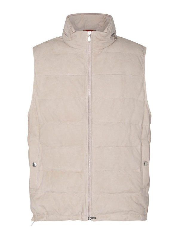 BRUNELLO CUCINELLI MEN'S BEIGE LEATHER QUILTED JACKET