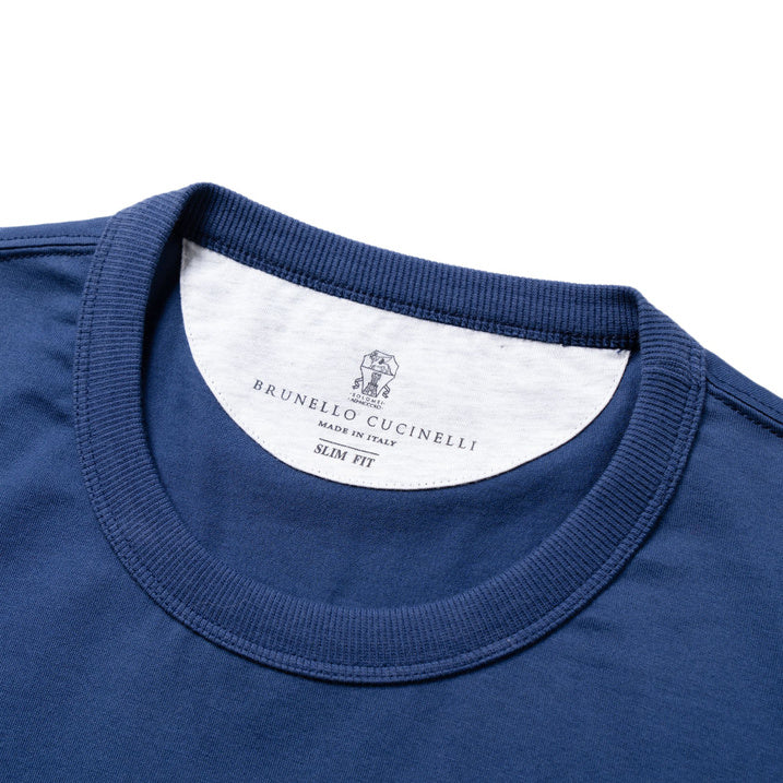 BRUNELLO CUCINELLI MEN'S BLUE COTTON CREW NECK T-SHIRT