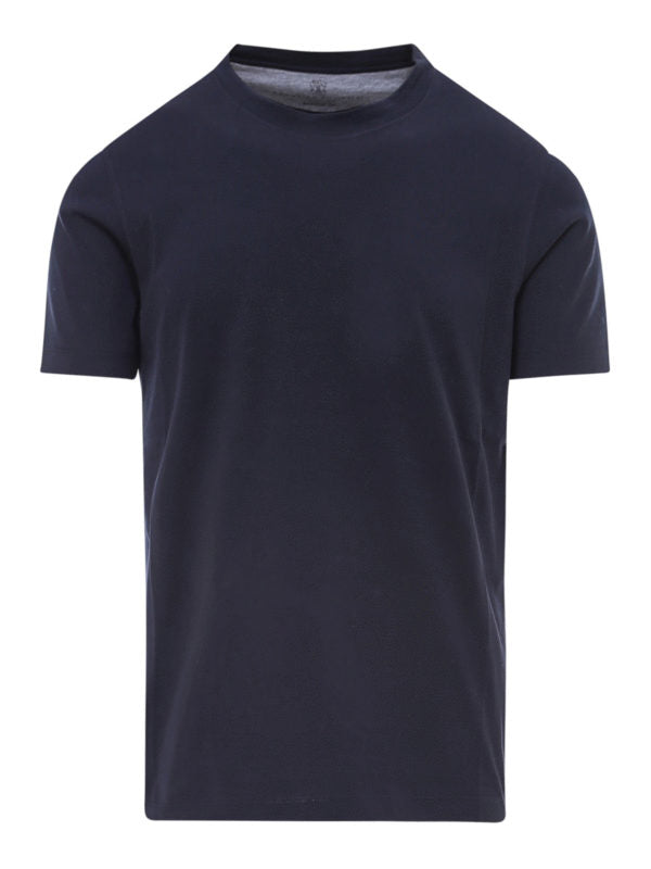 BRUNELLO CUCINELLI MEN'S NAVY COTTON SHORT-SLEEVE SHIRT