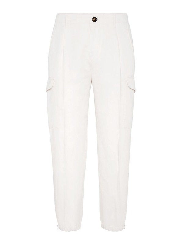 BRUNELLO CUCINELLI MEN'S OFF WHITE LINEN BLEND CARGO TROUSERS