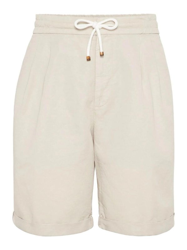 BRUNELLO CUCINELLI MEN'S CREAM LINEN BLEND TAILORED SHORTS