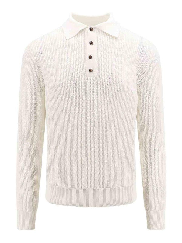BRUNELLO CUCINELLI MEN'S IVORY KNIT POLO SWEATER