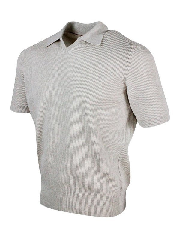 BRUNELLO CUCINELLI MEN'S OAT RIBBED KNIT POLO SWEATER