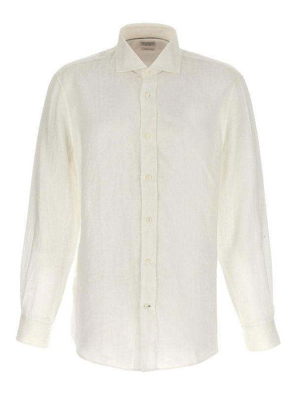 BRUNELLO CUCINELLI MEN'S NATURAL WHITE LINEN BUTTON-UP SHIRT