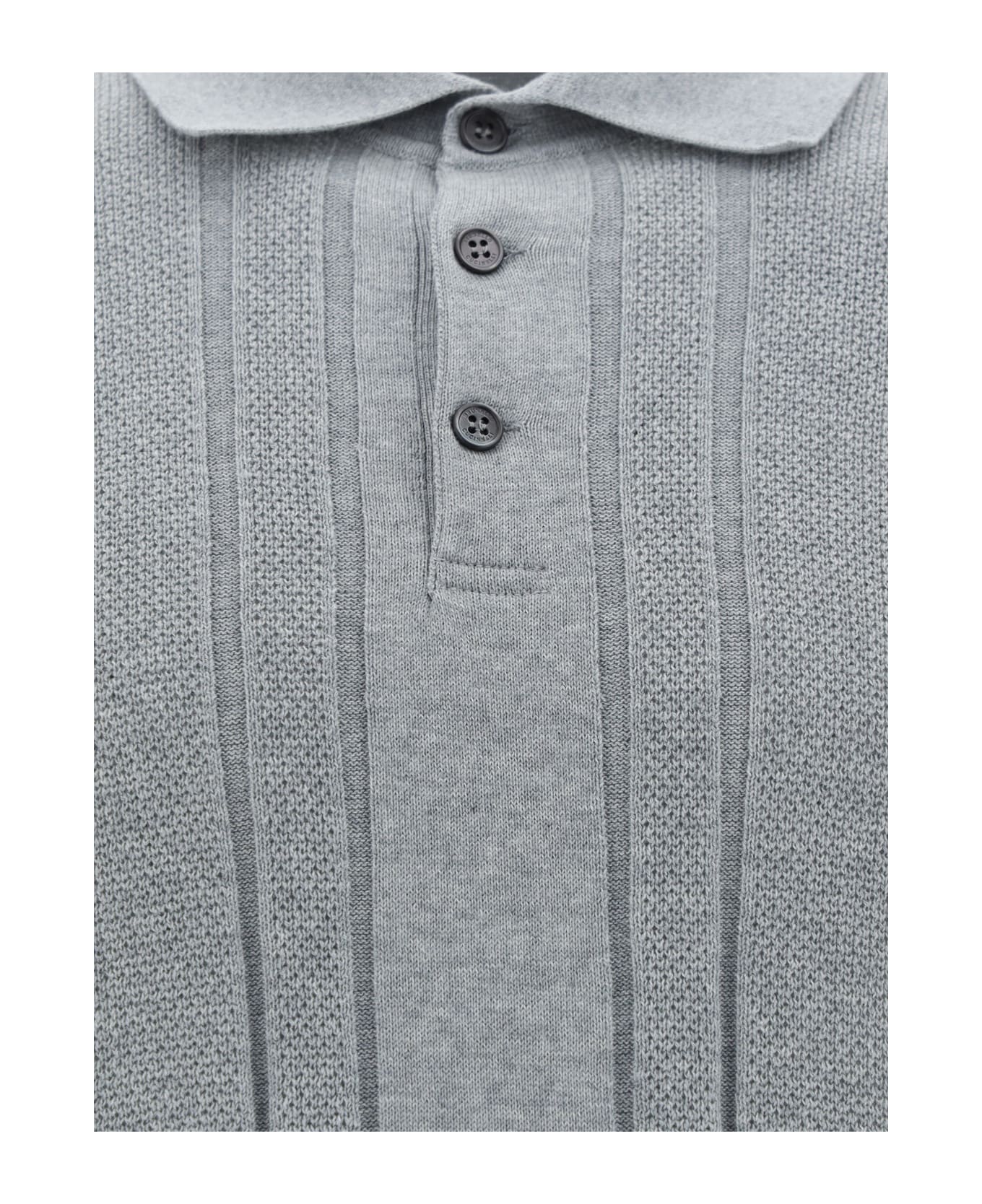 BRUNELLO CUCINELLI MEN'S LIGHT GREY TEXTURED KNIT POLO SWEATER
