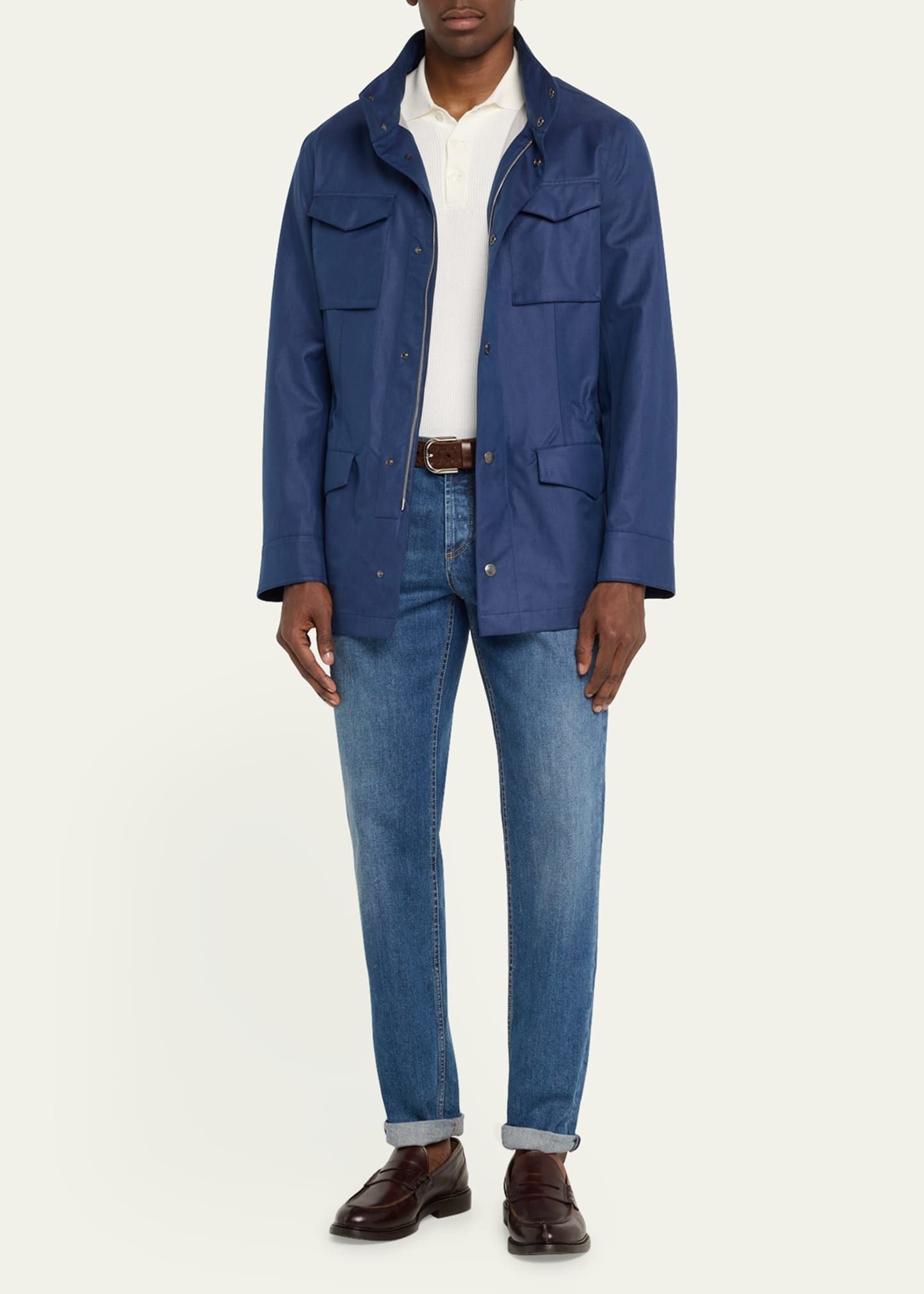 BRUNELLO CUCINELLI MEN'S PRUSSIAN BLUE LINEN SILK FIELD JACKET