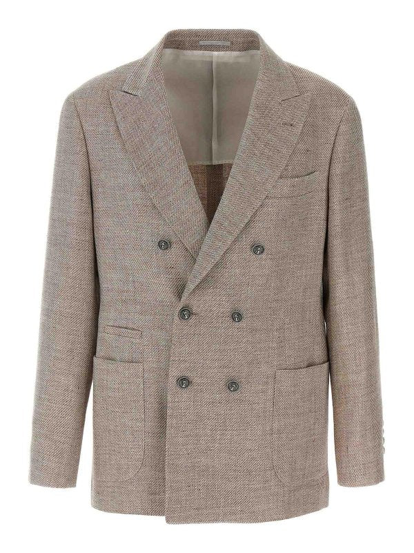 BRUNELLO CUCINELLI MEN'S TAUPE LINEN BLEND DOUBLE-BREASTED BLAZER