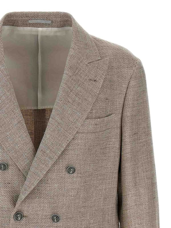 BRUNELLO CUCINELLI MEN'S TAUPE LINEN BLEND DOUBLE-BREASTED BLAZER