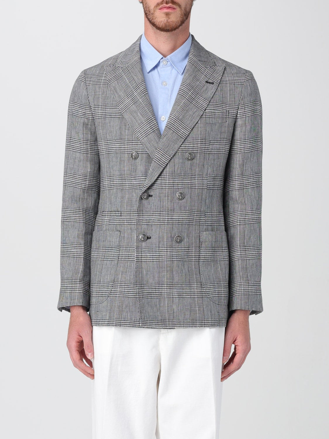 BRUNELLO CUCINELLI MEN'S GRAY PLAID DOUBLE-BREASTED BLAZER