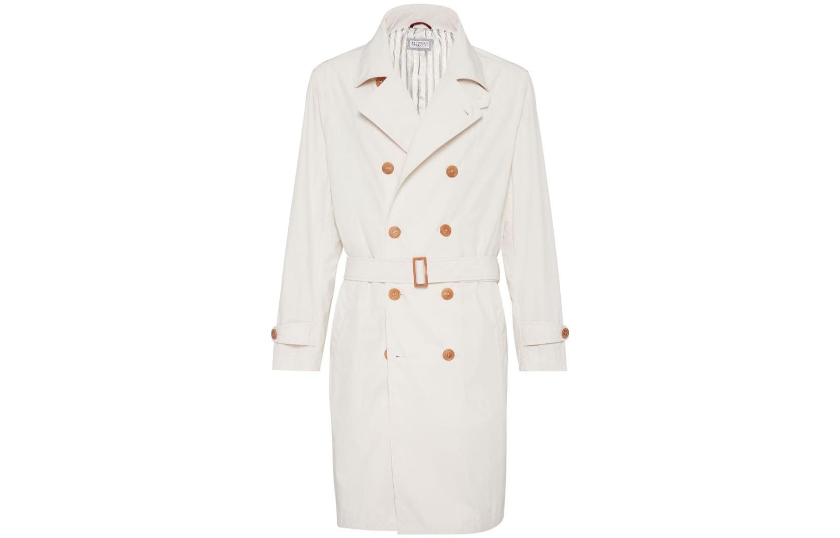 BRUNELLO CUCINELLI MEN'S IVORY DOUBLE-BREASTED TRENCH COAT