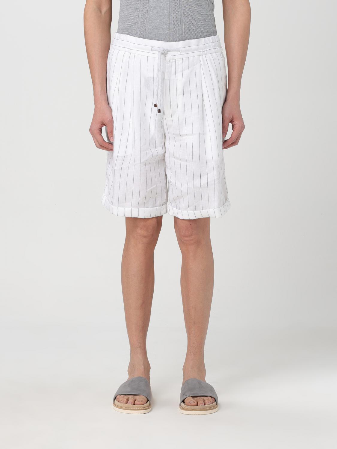 BRUNELLO CUCINELLI MEN'S WHITE LINEN STRIPED TAILORED SHORTS