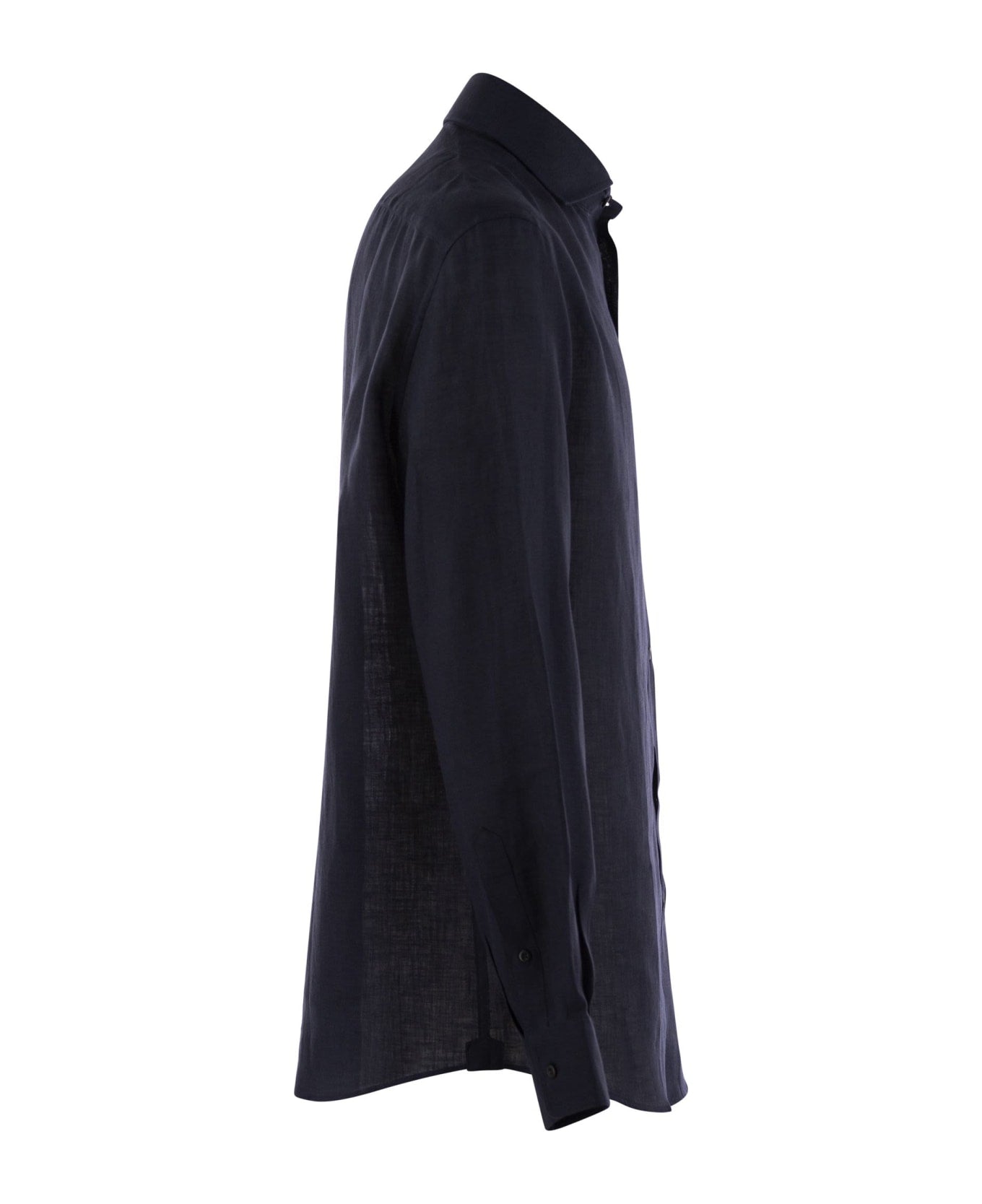 BRUNELLO CUCINELLI MEN'S NAVY LINEN BUTTON-UP SHIRT