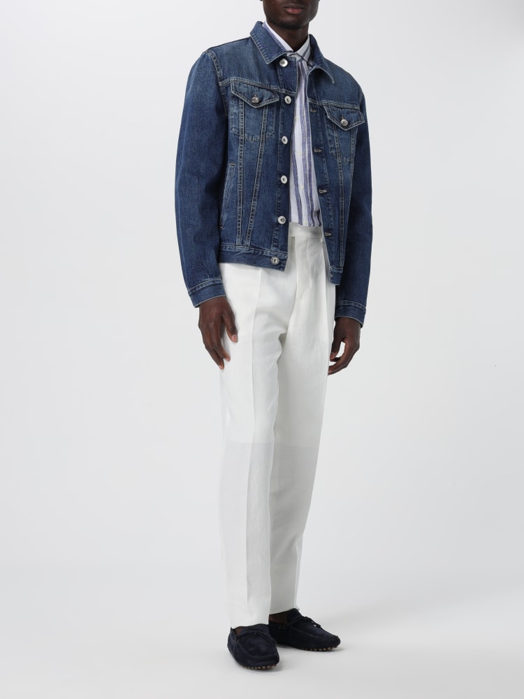 BRUNELLO CUCINELLI MEN'S WHITE AND DENIM LINEN STRIPED SHIRT