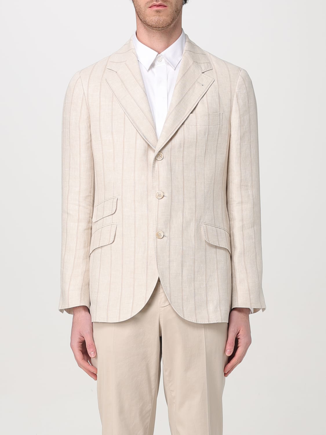 BRUNELLO CUCINELLI MEN'S LIGHT BEIGE LINEN STRIPED BLAZER