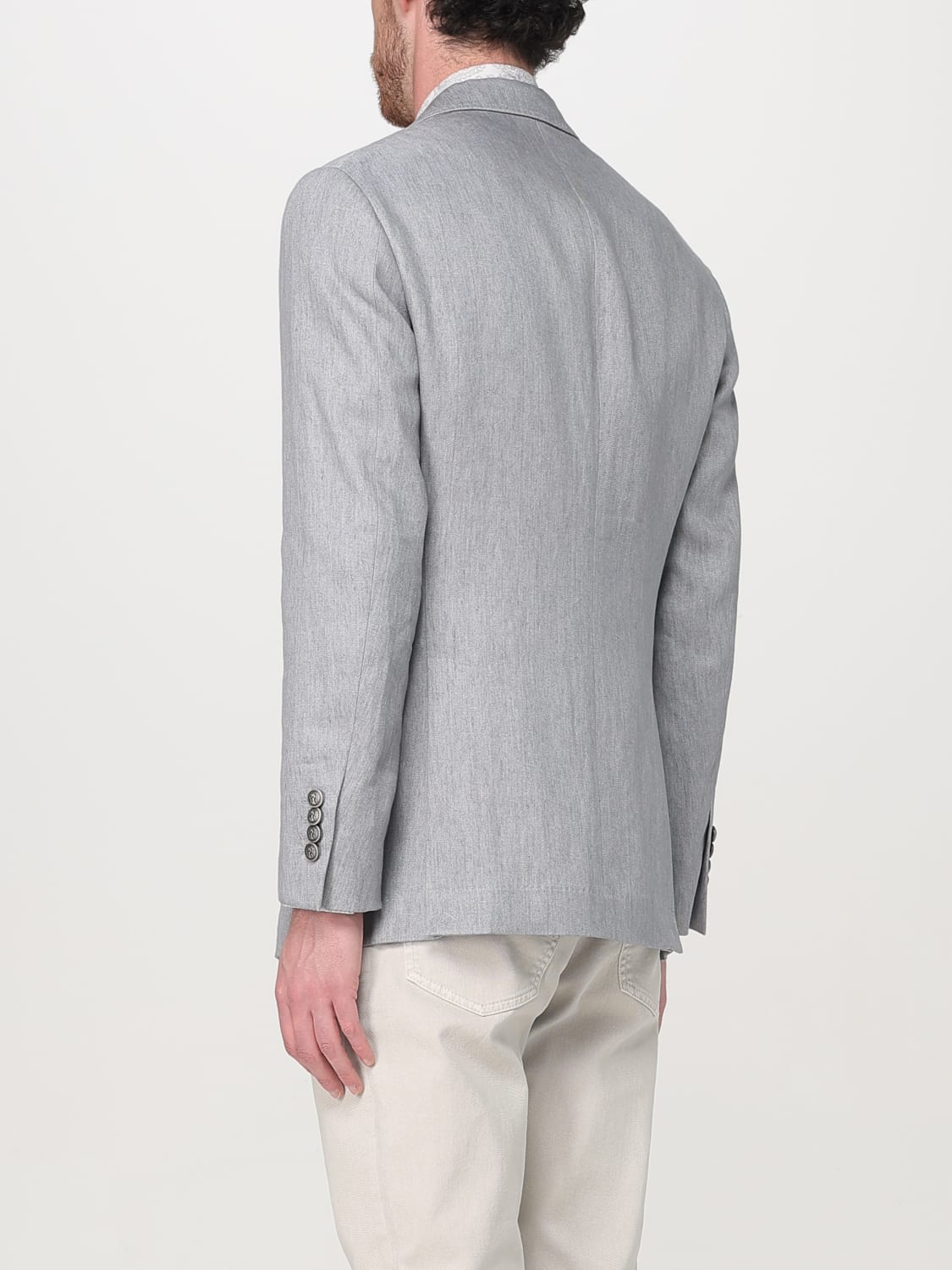 BRUNELLO CUCINELLI MEN'S GREY LINEN DOUBLE-BREASTED BLAZER