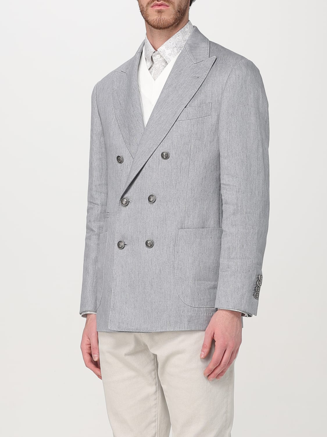 BRUNELLO CUCINELLI MEN'S GREY LINEN DOUBLE-BREASTED BLAZER