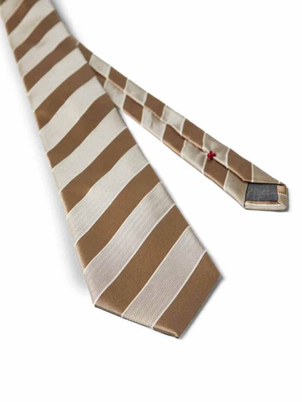 BRUNELLO CUCINELLI MEN'S BEIGE SILK STRIPED TIE