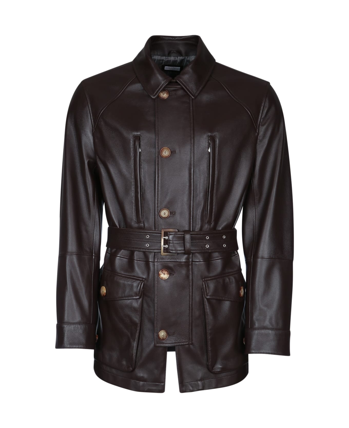 BRUNELLO CUCINELLI MEN'S DARK BROWN LEATHER BELTED JACKET