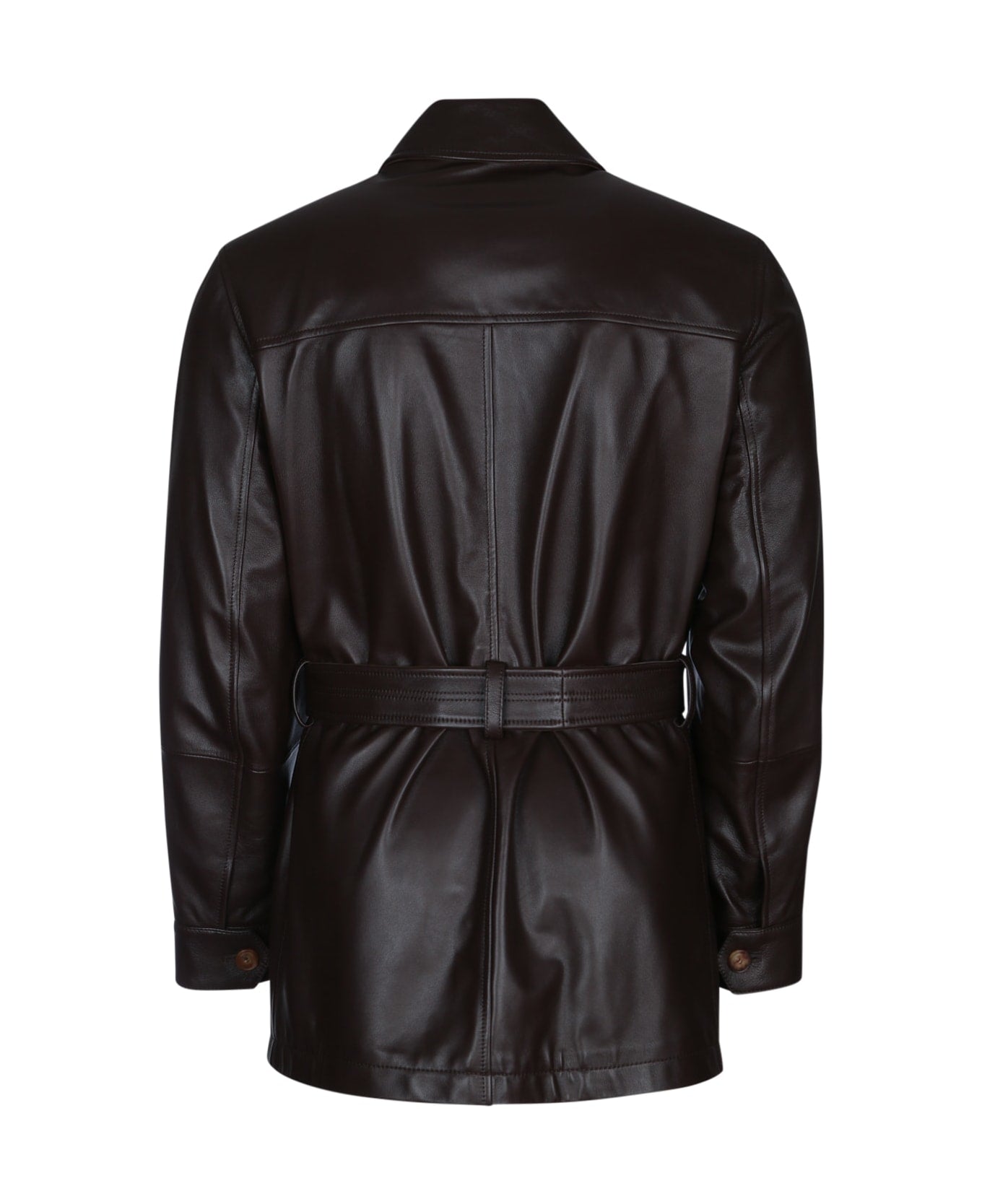 BRUNELLO CUCINELLI MEN'S DARK BROWN LEATHER BELTED JACKET