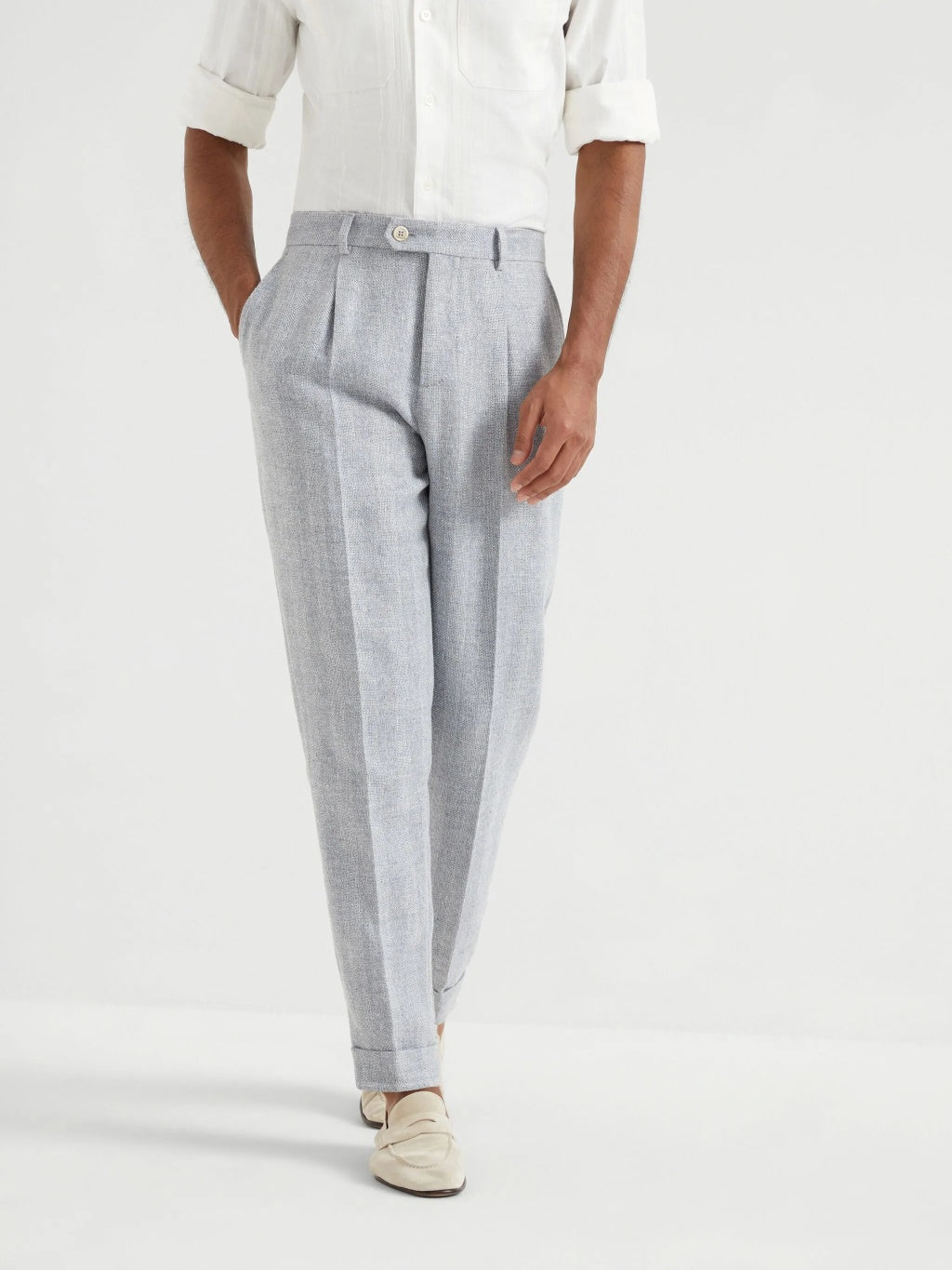 BRUNELLO CUCINELLI MEN'S DUST LINEN SILK WOOL TROUSERS