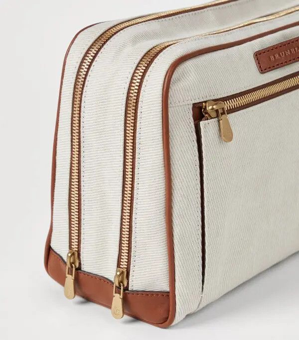 BRUNELLO CUCINELLI MEN'S CREAM LINEN CANVAS TOILETRY BAG