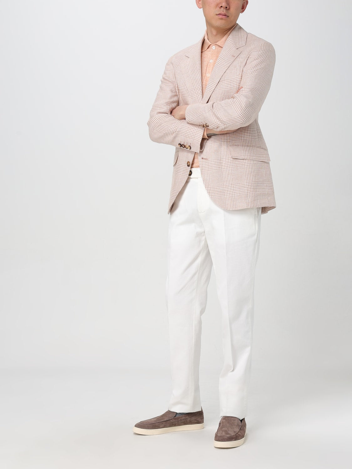 BRUNELLO CUCINELLI MEN'S PAPAYA LINEN WOOL PLAID BLAZER