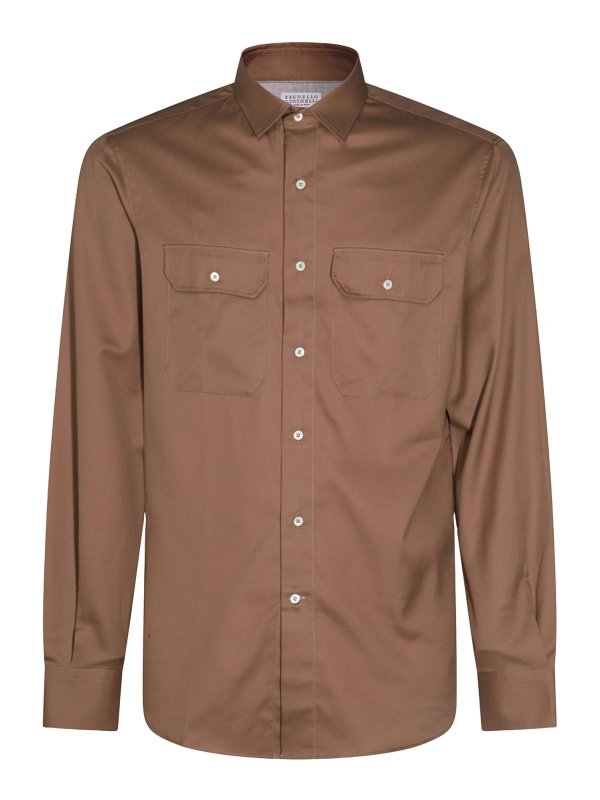 BRUNELLO CUCINELLI MEN'S CIGAR COTTON SHIRT WITH POCKETS