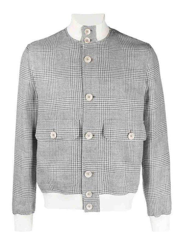 BRUNELLO CUCINELLI MEN'S GREY LINEN WOOL PLAID JACKET