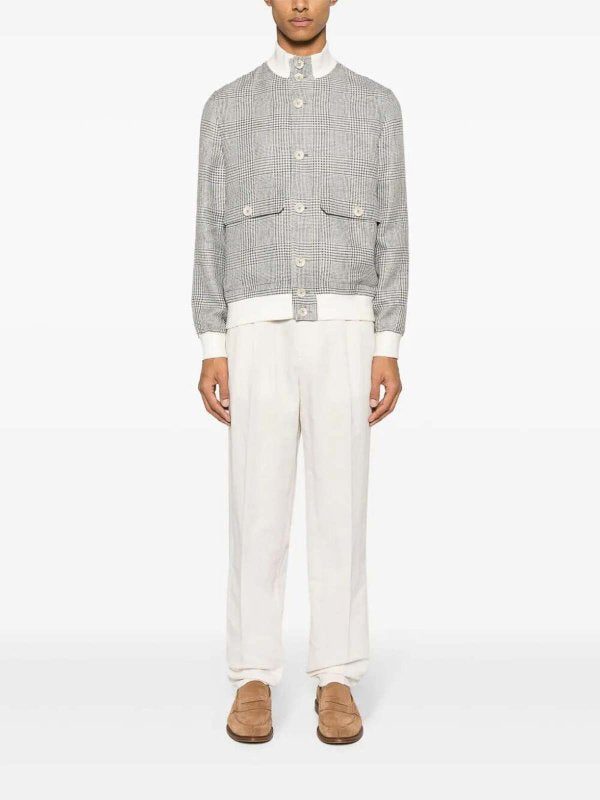BRUNELLO CUCINELLI MEN'S GREY LINEN WOOL PLAID JACKET