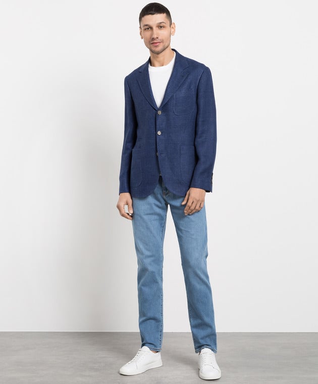 BRUNELLO CUCINELLI MEN'S BLUE LINEN WOOL BLEND BLAZER