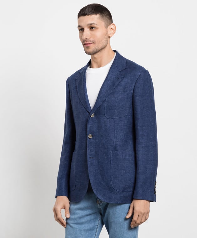 BRUNELLO CUCINELLI MEN'S BLUE LINEN WOOL BLEND BLAZER