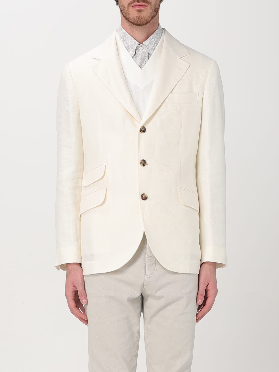 BRUNELLO CUCINELLI MEN'S OFF WHITE LINEN WOOL BLAZER