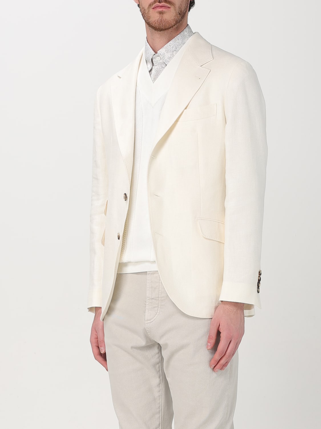 BRUNELLO CUCINELLI MEN'S OFF WHITE LINEN WOOL BLAZER