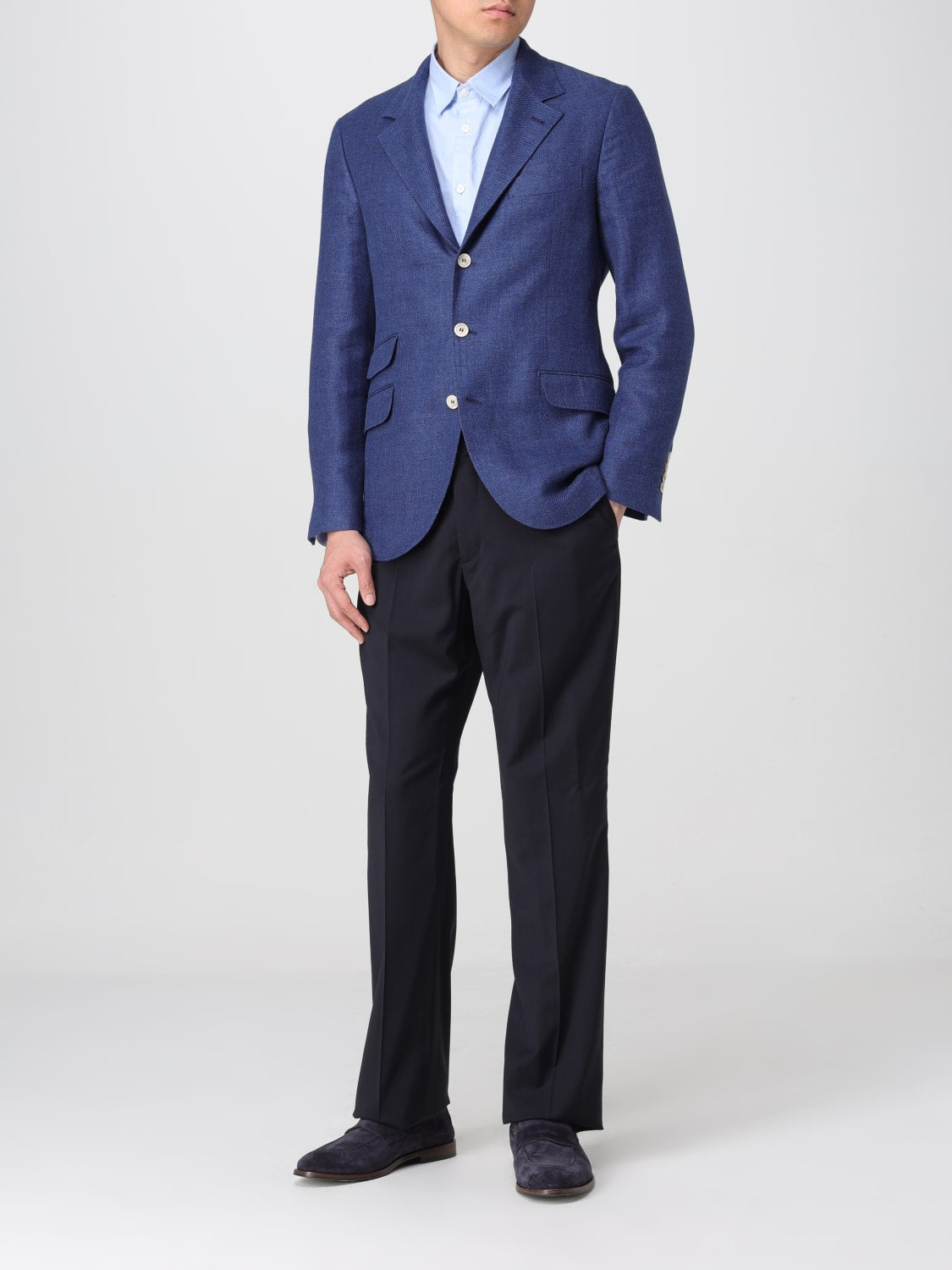 BRUNELLO CUCINELLI MEN'S INDIGO LINEN WOOL BLEND BLAZER