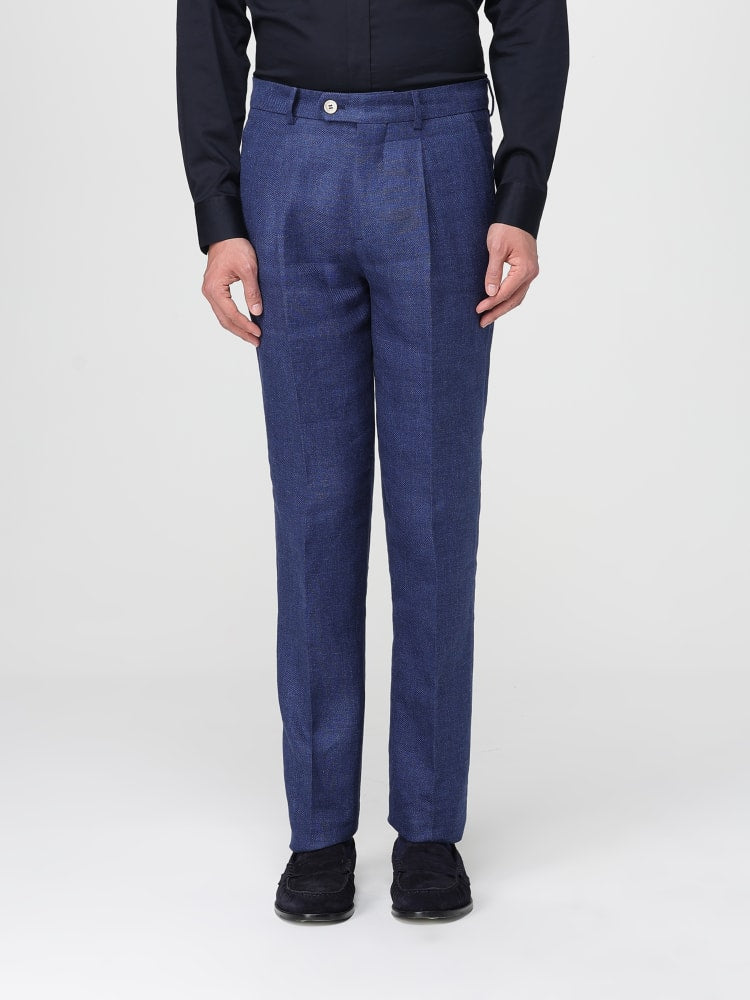 BRUNELLO CUCINELLI MEN'S INDIGO LINEN WOOL TAILORED TROUSERS