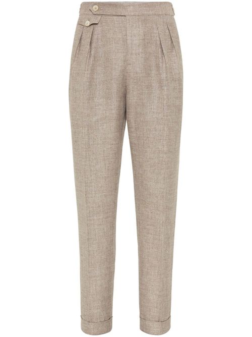 BRUNELLO CUCINELLI MEN'S BARK LINEN WOOL PLEATED TROUSERS