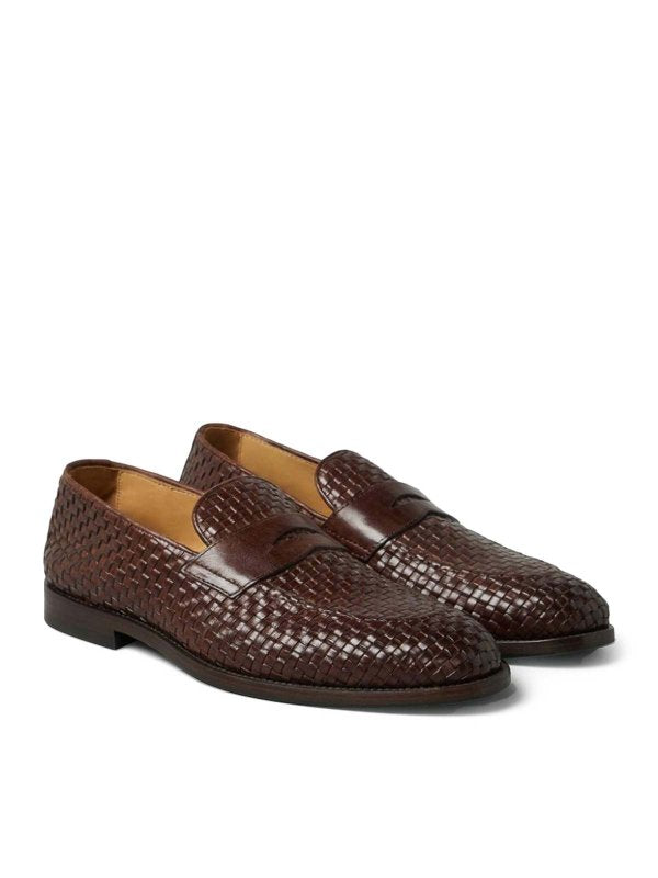 BRUNELLO CUCINELLI MEN'S BURNED LEATHER WOVEN LOAFERS