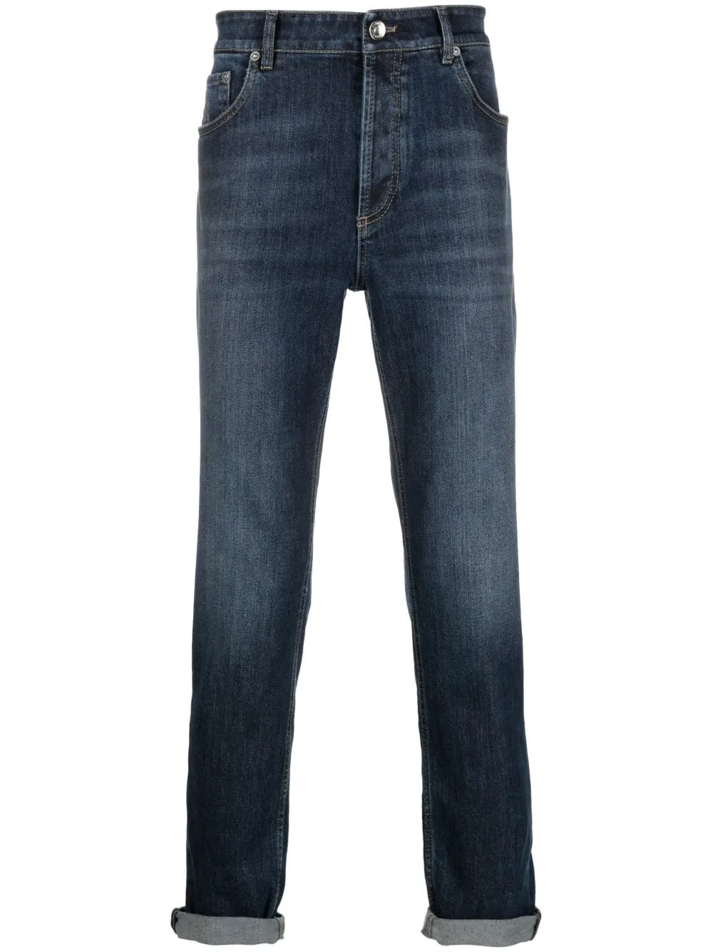 BRUNELLO CUCINELLI MEN'S DARK DENIM LINEN BLEND TROUSERS