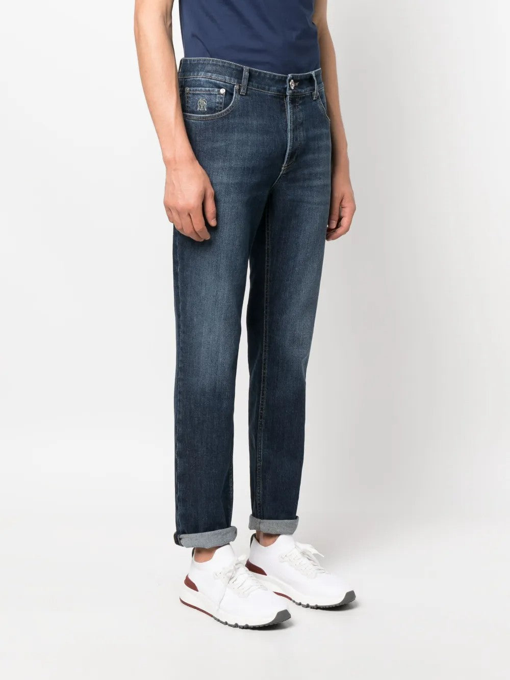 BRUNELLO CUCINELLI MEN'S DARK DENIM LINEN BLEND TROUSERS