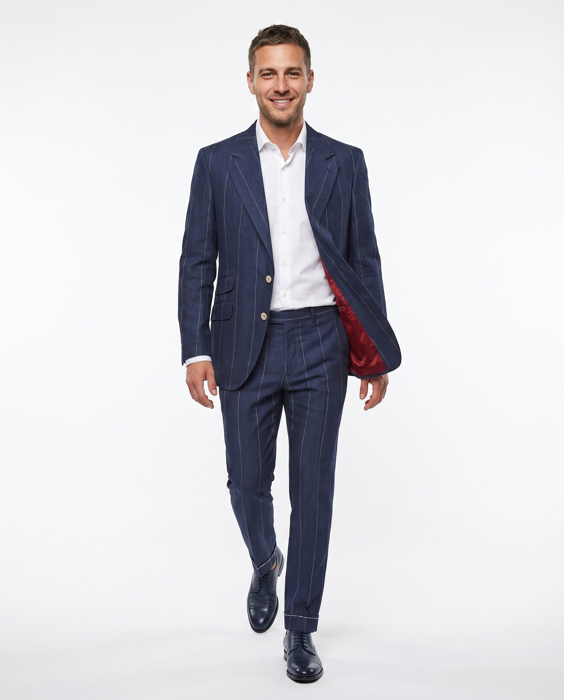 BRUNELLO CUCINELLI MEN'S NAVY LINEN STRIPED THREE-BUTTON SUIT